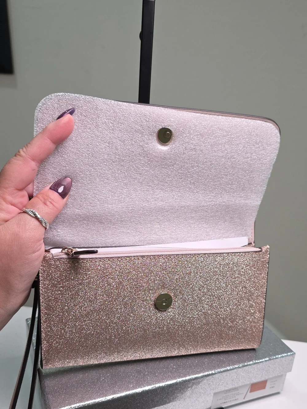 Kate Spade New In Box Rose Gold Glitter Medium Flap Phone Wristlet NWT